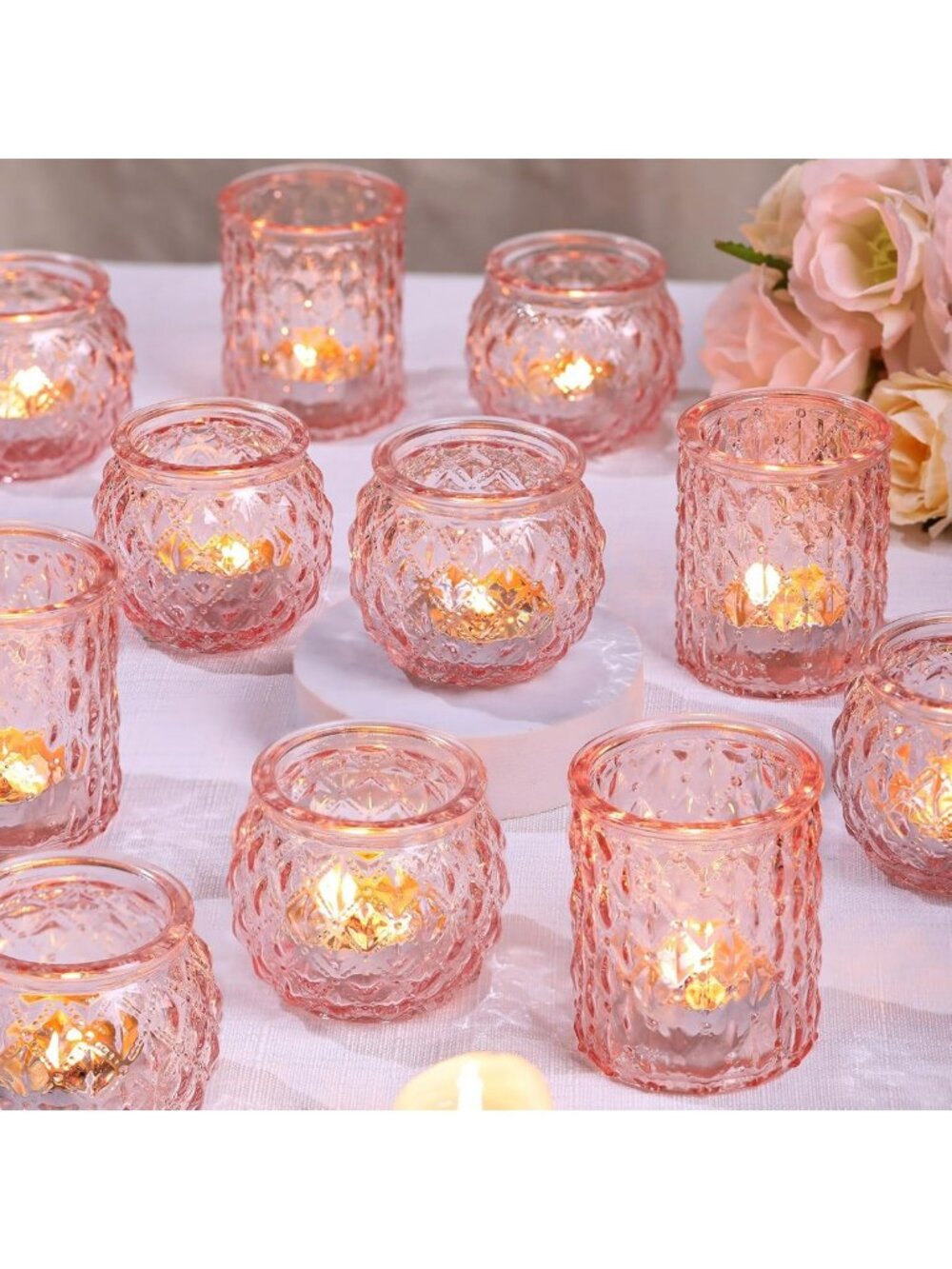 Set of 24 Pink Round Glass Votive Candle Holders for Weddings & Home Decor